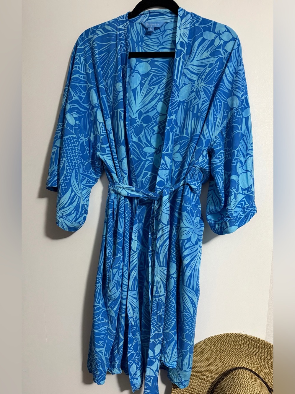 BlueGinger Hawaiin Print Bathrobe Pockets Wrsp/Tie Waist EUC